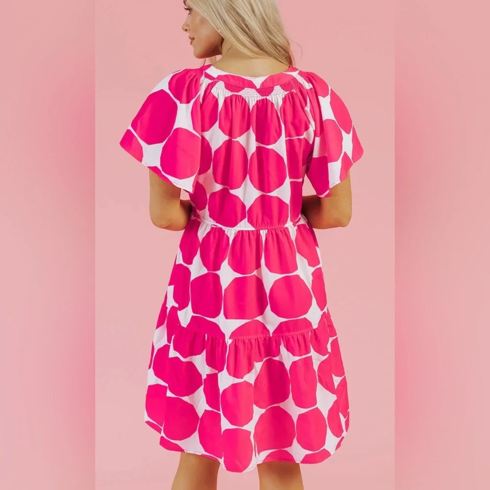 Umgee Pink Polka Dot Flutter Sleeve Notched Tiered Flowy Dress Size m - Picture 2 of 6
